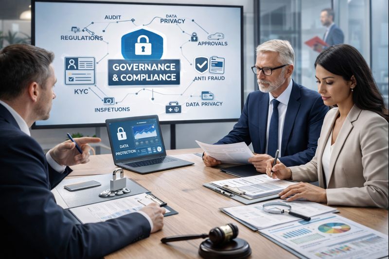 Formal meeting with documents symbolising governance and compliance