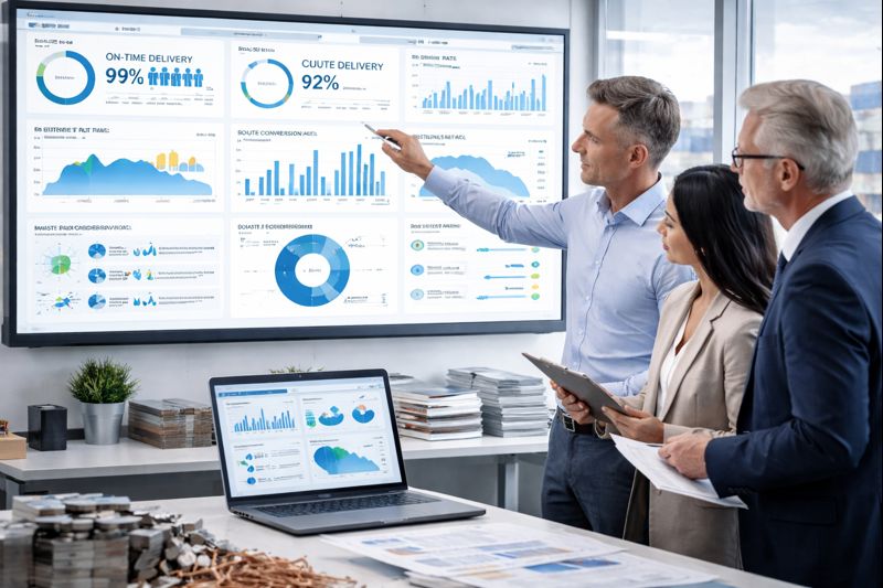 Business analytics dashboard showing KPIs and performance charts